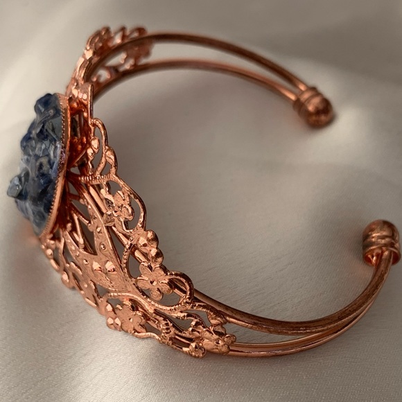 Rose Gold Floral Filigree Blue Agate Cuff Bracelet - Picture 4 of 9